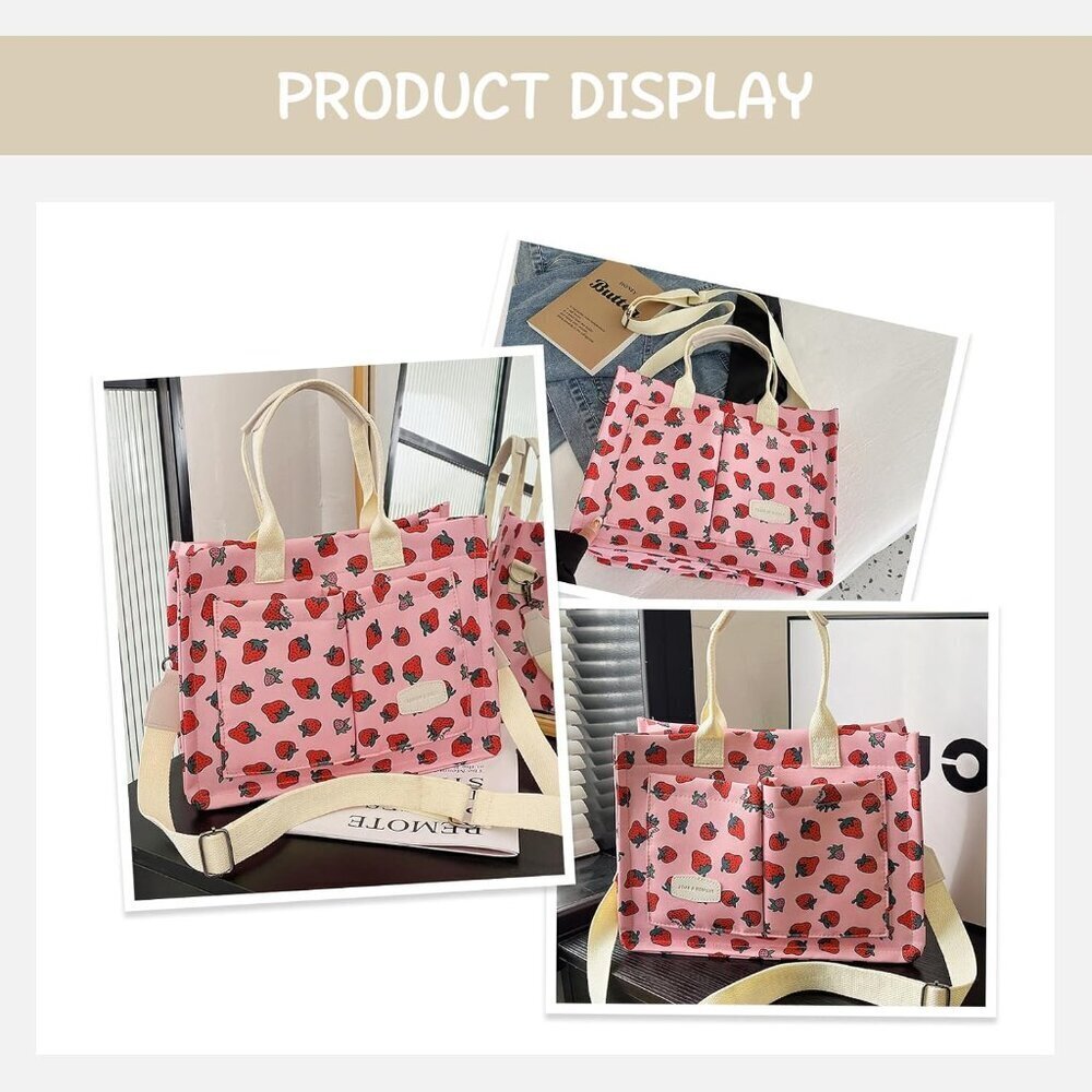 Canvas Crossbody Bag Large Capacity Strawberry Pattern Women's Fashion - Picture 5 of 6